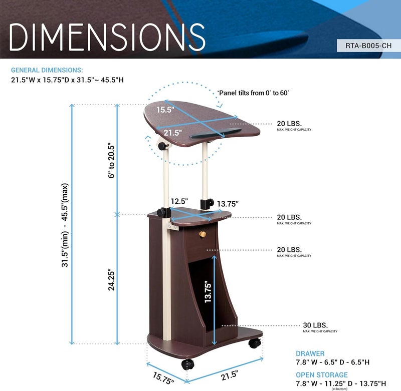 Techni Mobili Sit-to-Stand Rolling Adjustable Storage Medical Laptop Computer Cart, Chocolate, B005 - Image 2