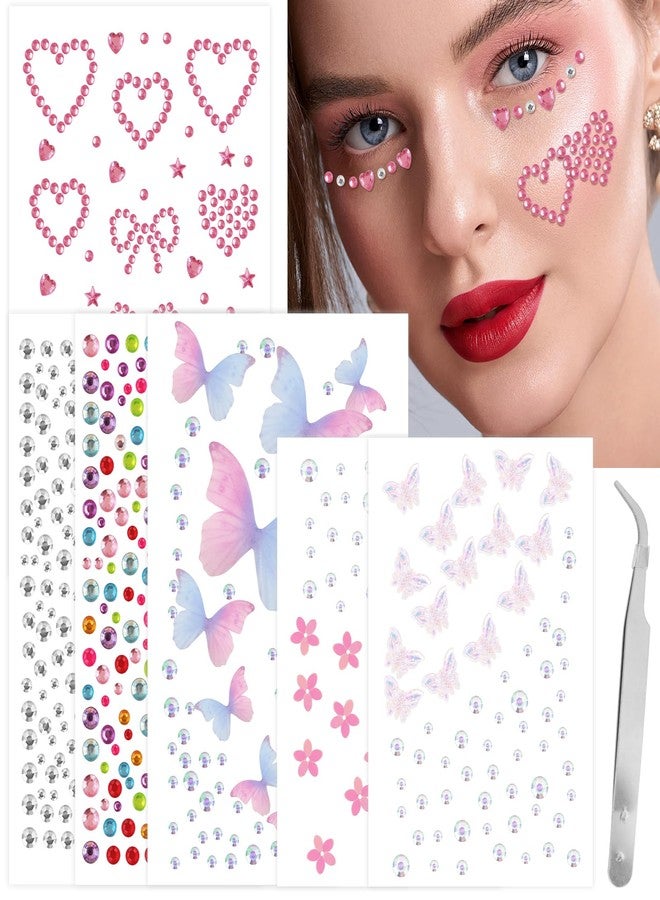 IncreDecor 6 Sheets Self Adhesive Rhinestones Face Gems Butterfly Face Gem Stickers Heart Rhinestone Hair Jewels Festival Accessories for Women - Image 1