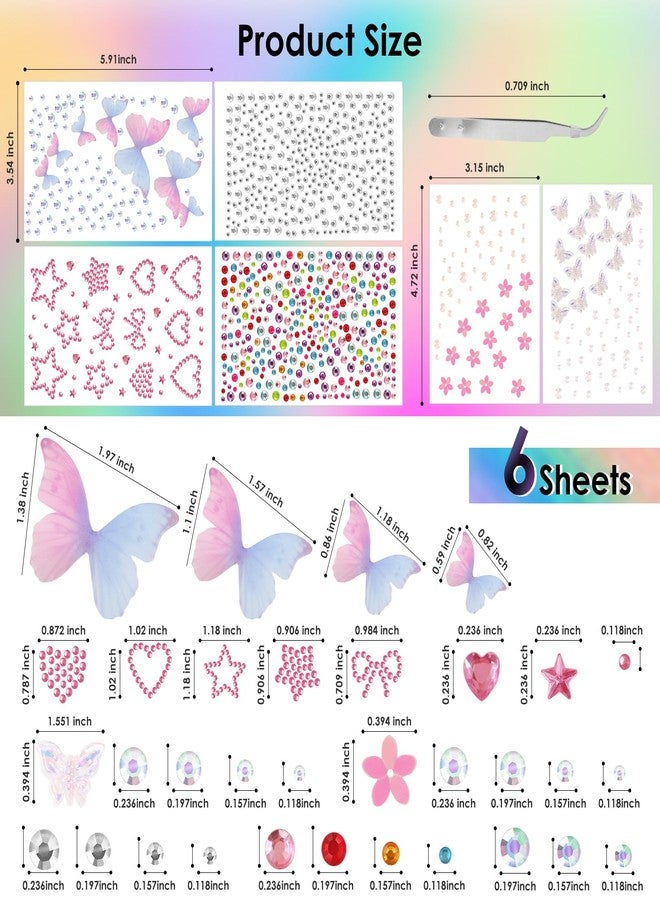 IncreDecor 6 Sheets Self Adhesive Rhinestones Face Gems Butterfly Face Gem Stickers Heart Rhinestone Hair Jewels Festival Accessories for Women - Image 2