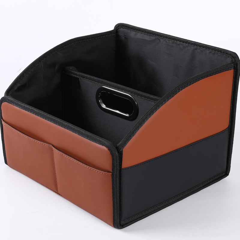 Uplien [2025 UPDATED] Leather Car Seat Organizer, Foldable Storage Box for Front Seat, Back Seats & Floor â€“ Removable Divider, Metal Handle, Adjustable Anti-Slip Strap for Kids & Adults (Black & Brown) - Image 1
