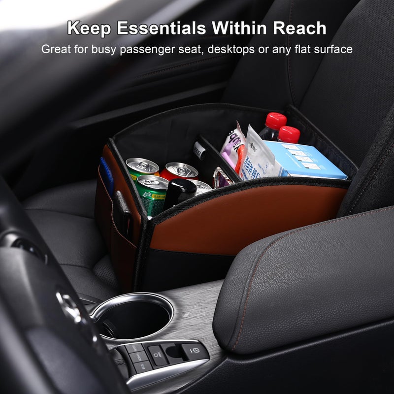 Uplien [2025 UPDATED] Leather Car Seat Organizer, Foldable Storage Box for Front Seat, Back Seats & Floor â€“ Removable Divider, Metal Handle, Adjustable Anti-Slip Strap for Kids & Adults (Black & Brown) - Image 3