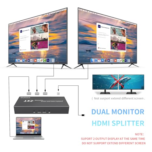 Ouluoa HDMI Splitter 1 in 2 Out 4K@60Hz - HDCP 2.2 HDR10 Support | 18Gbps HDMI 2.0, EDID Management | Compatible with Roku, Fire TV, PS4, Xbox, 4K TV, Blu-Ray Player - Image 2