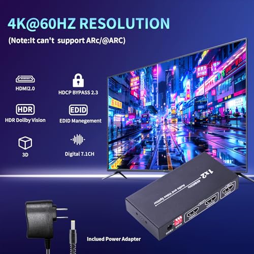Ouluoa HDMI Splitter 1 in 2 Out 4K@60Hz - HDCP 2.2 HDR10 Support | 18Gbps HDMI 2.0, EDID Management | Compatible with Roku, Fire TV, PS4, Xbox, 4K TV, Blu-Ray Player - Image 4