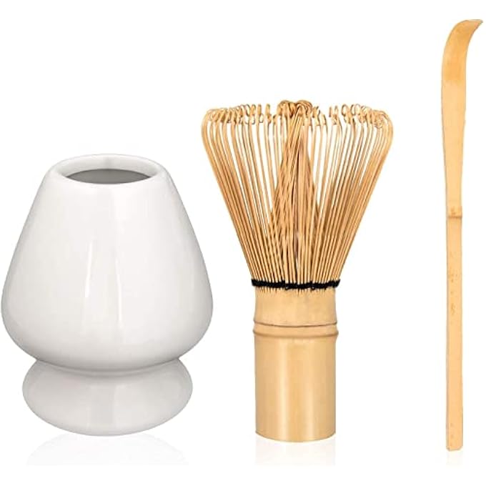 كاست ويف طقم حفل الشاي الياباني التقليدي، طقم شاي ماتشا، خلاط ماتشا فاخر وملعقة شاي، مثالي لمحبي الشاي والمبتدئين، 3 قطع، أبيض - Image 1