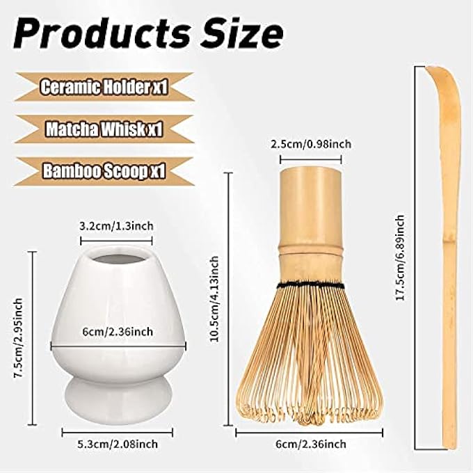 كاست ويف طقم حفل الشاي الياباني التقليدي، طقم شاي ماتشا، خلاط ماتشا فاخر وملعقة شاي، مثالي لمحبي الشاي والمبتدئين، 3 قطع، أبيض - Image 2