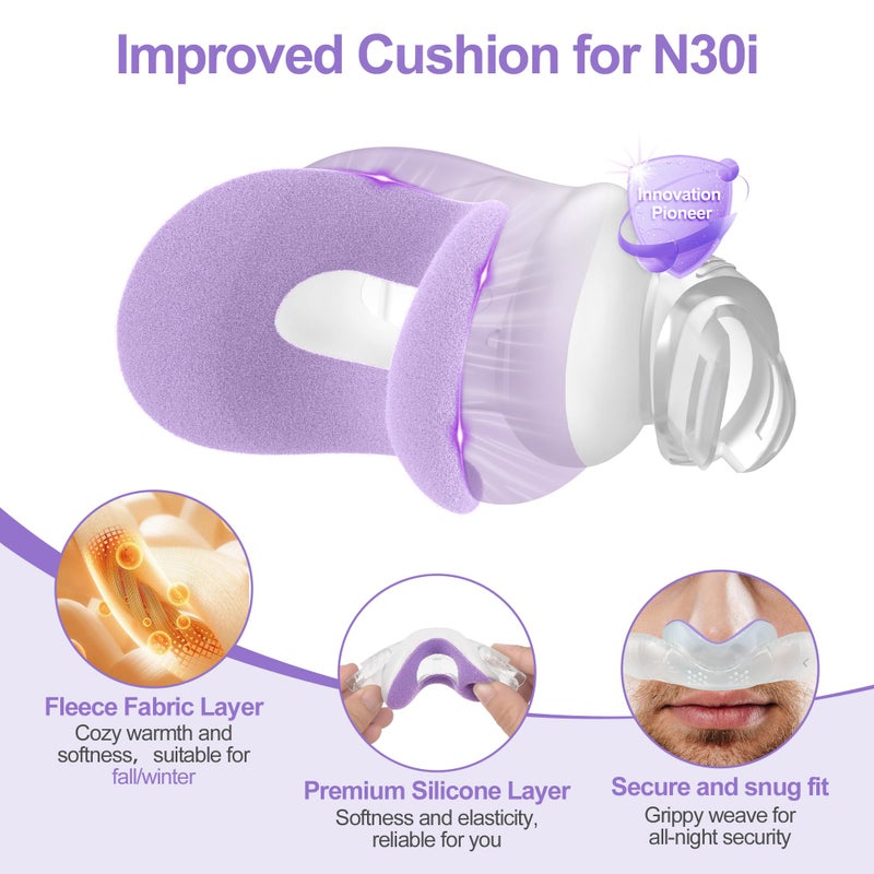 MEDICOLOR 2 Packs Improved Cushion for Airtouch N30i & Airfit N30i, with Soft Fleece Fabric, Warm & Breathable, Non-Slip Nasal Pillow Mask, Replacement CPAP Supplies, Old Version - Purple (Medium) - Image 2