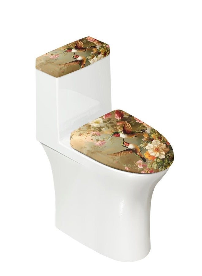 GLENLCWE Floral Hummingbird Toilet Seat Covers Set 2 Pcs Flower Bird Toilet Lid and Tank Lid Covers for Bathroom Set Round Oval Warm Seat Covers - Image 1