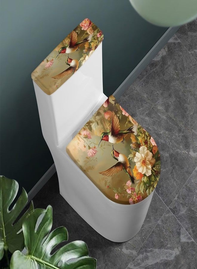 GLENLCWE Floral Hummingbird Toilet Seat Covers Set 2 Pcs Flower Bird Toilet Lid and Tank Lid Covers for Bathroom Set Round Oval Warm Seat Covers - Image 2