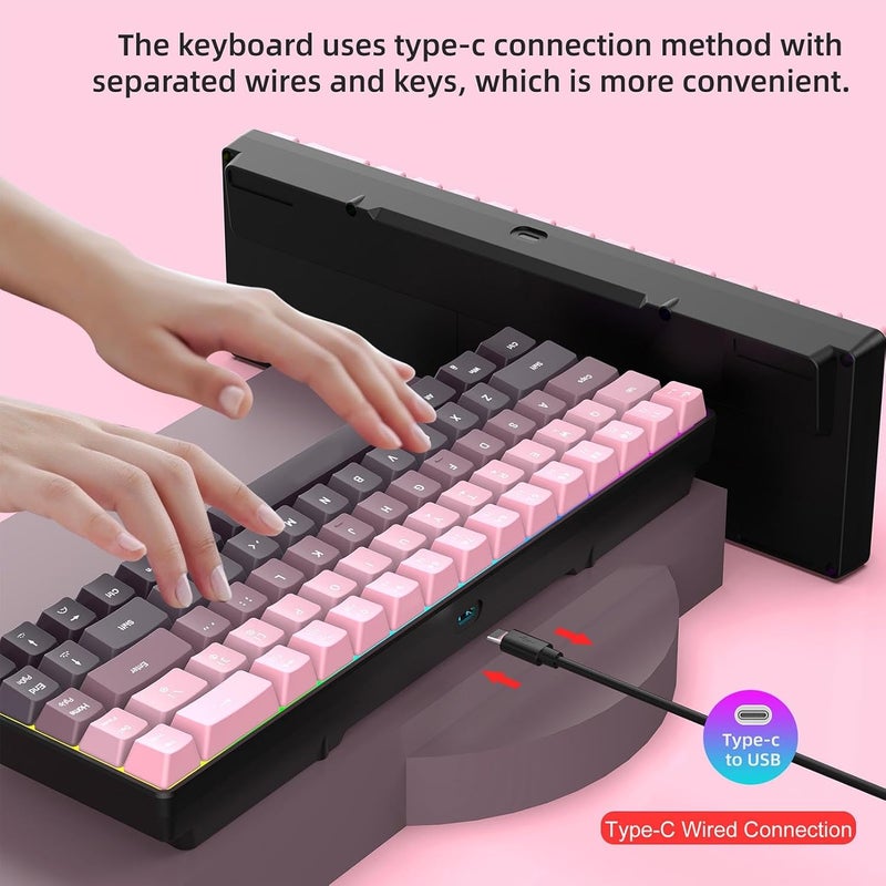 68 Key RGB Gaming Keyboard for PC, Computer Laptop with 18 Lighting Modes TypeC Wired Connection ABS Keycaps 10M Keystrokes (Gradient Pink) - Image 3