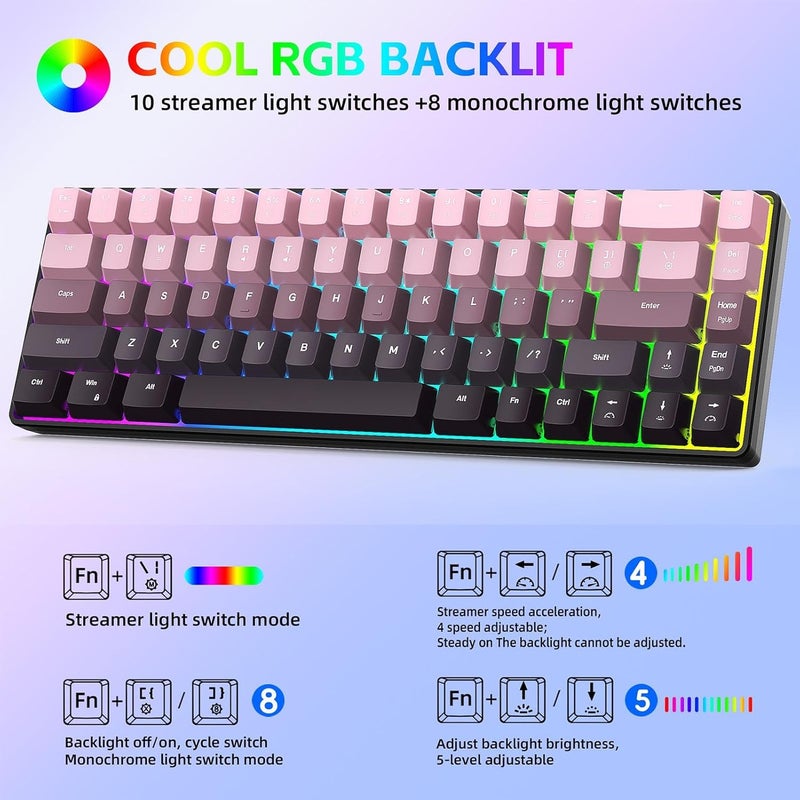68 Key RGB Gaming Keyboard for PC, Computer Laptop with 18 Lighting Modes TypeC Wired Connection ABS Keycaps 10M Keystrokes (Gradient Pink) - Image 2