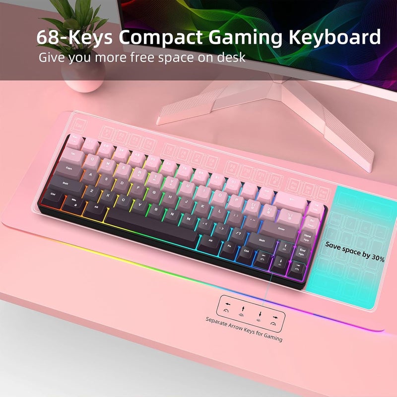68 Key RGB Gaming Keyboard for PC, Computer Laptop with 18 Lighting Modes TypeC Wired Connection ABS Keycaps 10M Keystrokes (Gradient Pink) - Image 4