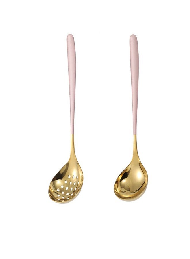 MBBITL Pink Gold Soup Ladle Colander Slotted Spoon Set Skimmer Strainer Stainless Steel Gravy Hot Pot Server - Image 1