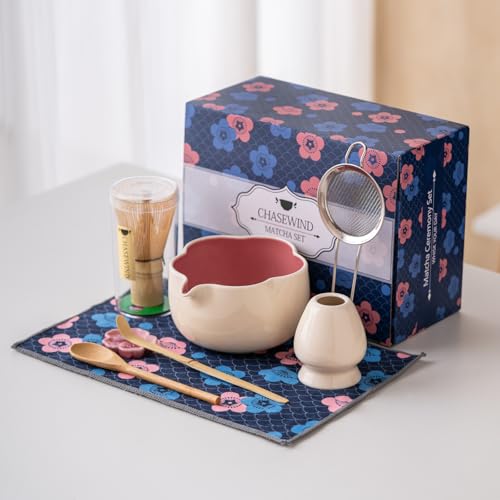 ChaseWind Matcha Set 8Pcs Floral Ceramic Matcha Kit with Matcha Whisk Holder Scoop Scoop Rest Sifter Spoon and Tea Towel Thoughtful Matcha Whisk Set Gift for Matcha Lovers Beige Pink - Image 3