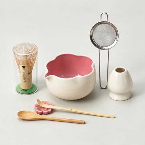 ChaseWind Matcha Set 8Pcs Floral Ceramic Matcha Kit with Matcha Whisk Holder Scoop Scoop Rest Sifter Spoon and Tea Towel Thoughtful Matcha Whisk Set Gift for Matcha Lovers Beige Pink - Image 1