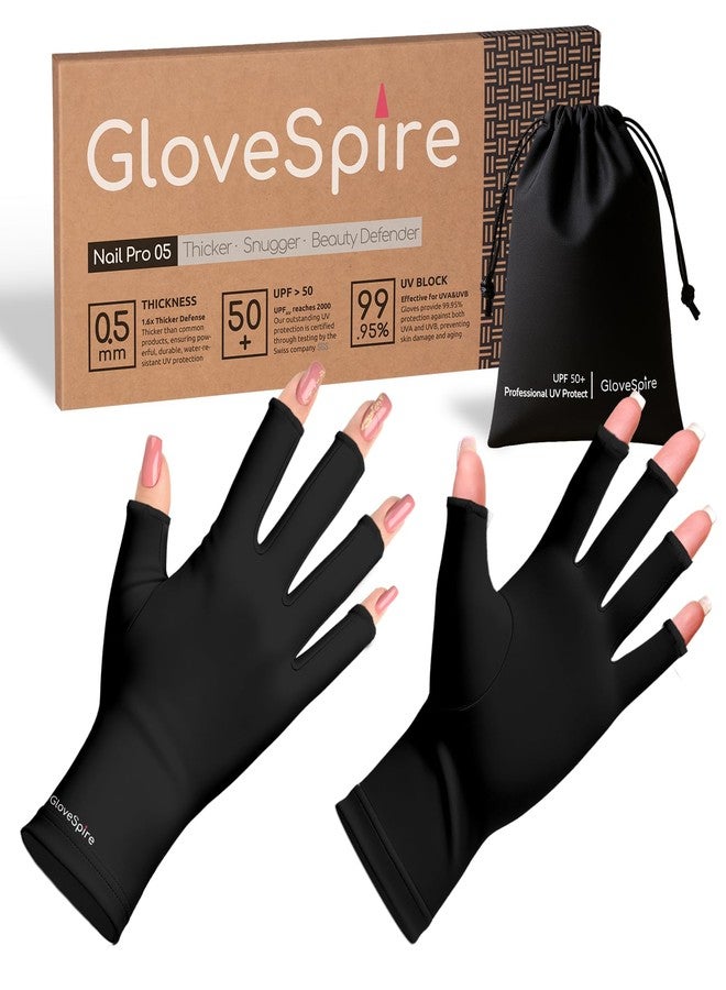 قفازات GloveSpire الواقية من الأشعة فوق البنفسجية لطلاء الأظافر الجل، قفازات سميكة للحماية من الأشعة فوق البنفسجية بدرجة UPF50+، قفازات بدون أصابع لأظافر النساء مضادة للأشعة فوق البنفسجية (أسود - مقاس واحد يناسب معظم الأحجام) - Image 1