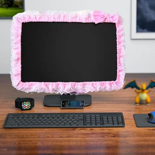 ALHBEJT Computer Monitor Cover with Lovely Cute Elastic Pen Pocket Bow-knot TV LCD Screen Monitor Decoration Dust Cover Protector, lace fabric (23''-26''，Pink) - Image 4