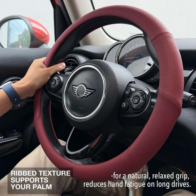 PINCTROT Large Size Nappa Leather Steering Wheel Cover with Ergonomic Palm Support Grip, Full Perforated Breathable, Slim Fit No Bulk Design,15.5-15.75 Inch(Burgundy Red) - Image 2