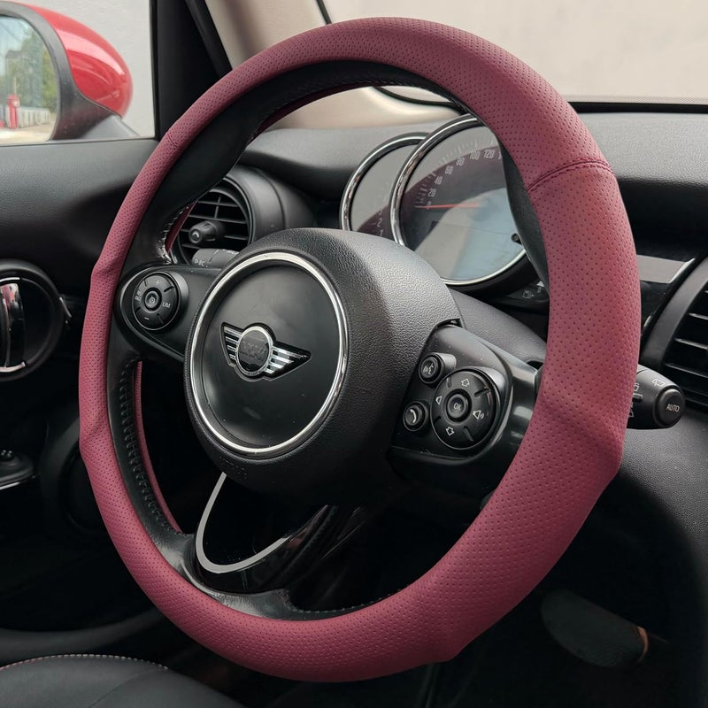 PINCTROT Large Size Nappa Leather Steering Wheel Cover with Ergonomic Palm Support Grip, Full Perforated Breathable, Slim Fit No Bulk Design,15.5-15.75 Inch(Burgundy Red) - Image 1