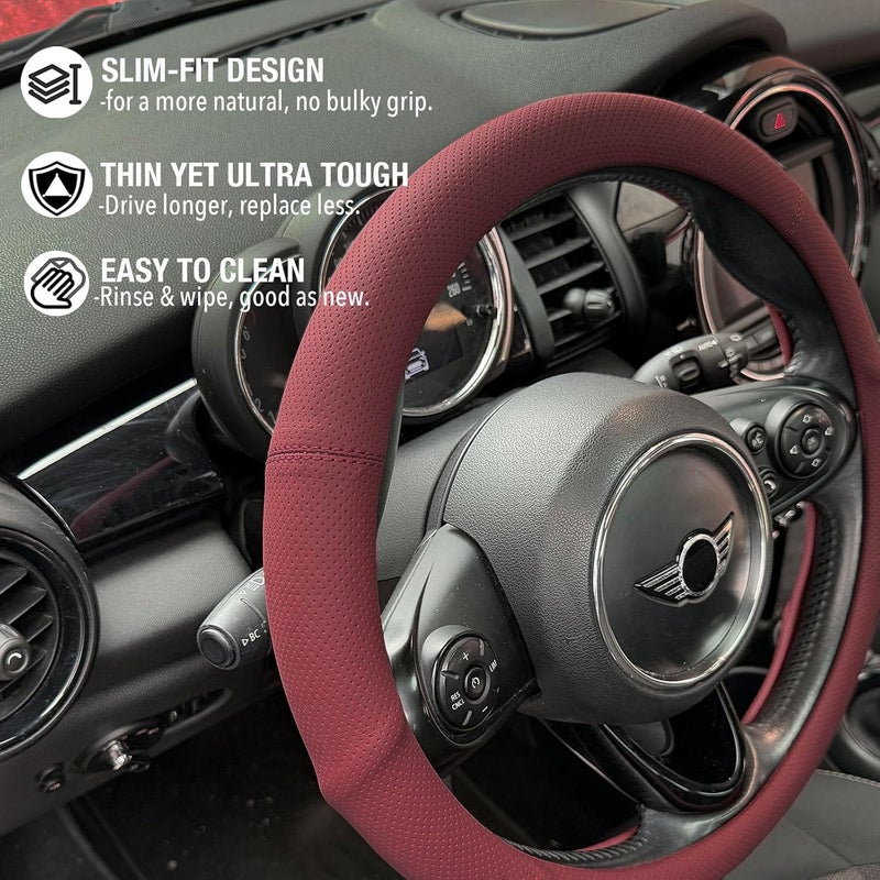 PINCTROT Large Size Nappa Leather Steering Wheel Cover with Ergonomic Palm Support Grip, Full Perforated Breathable, Slim Fit No Bulk Design,15.5-15.75 Inch(Burgundy Red) - Image 3