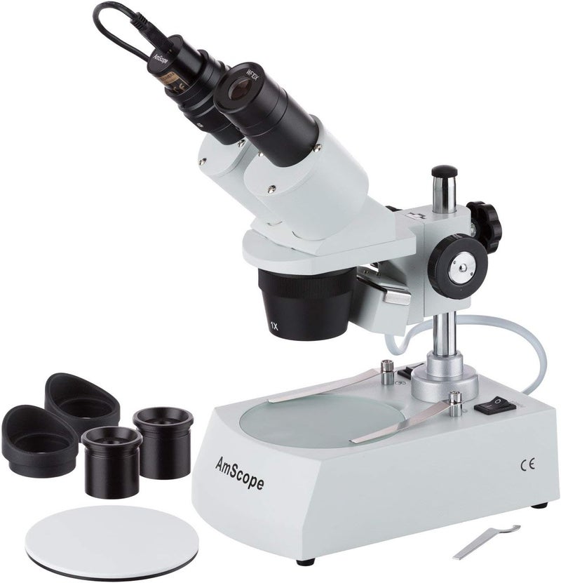 AmScope SE305RPZE1 Digital ForwardMounted Binocular Stereo Microscope WF10x and WF20x Eyepieces 10X20X30X60X Magnification 1X and 3X Objectives Upper and Lower Halogen Lighting Reversible BlackWhite Stage Plate Pillar Stand 120V Includes 13MP Camera and Software - Image 1