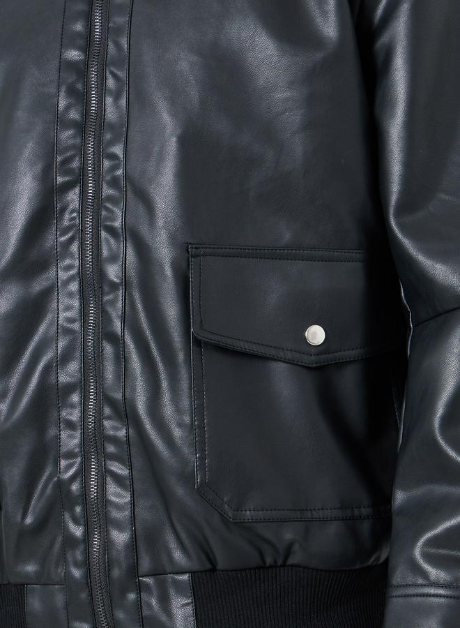 Styli Men Black Solid Faux Leather Jacket - Image 4