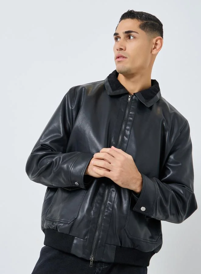 Styli  Styli Men Black Solid Faux Leather Jacket for Men | Best Price UAE
