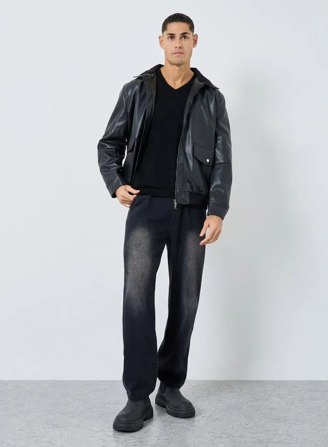Styli Styli Men Black Solid Faux Leather Jacket