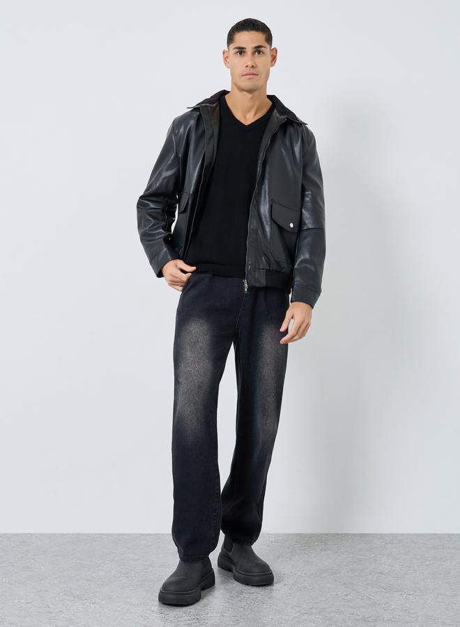 Styli Men Black Solid Faux Leather Jacket - Image 2