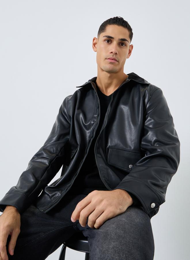 Styli Men Black Solid Faux Leather Jacket - Image 1