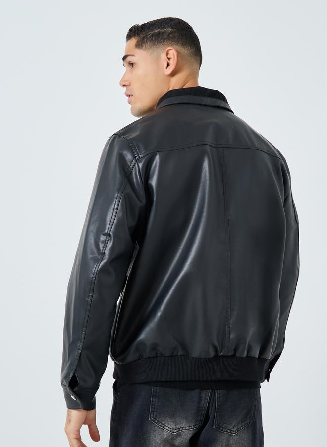 Styli Men Black Solid Faux Leather Jacket - Image 5