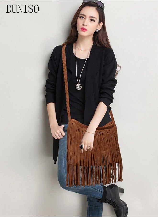 DUNISO - Suede Fringe Tassel Messenger Bag Women Hobo Shoulder Bags Crossbody Handbag Shopping Bag - Image 1