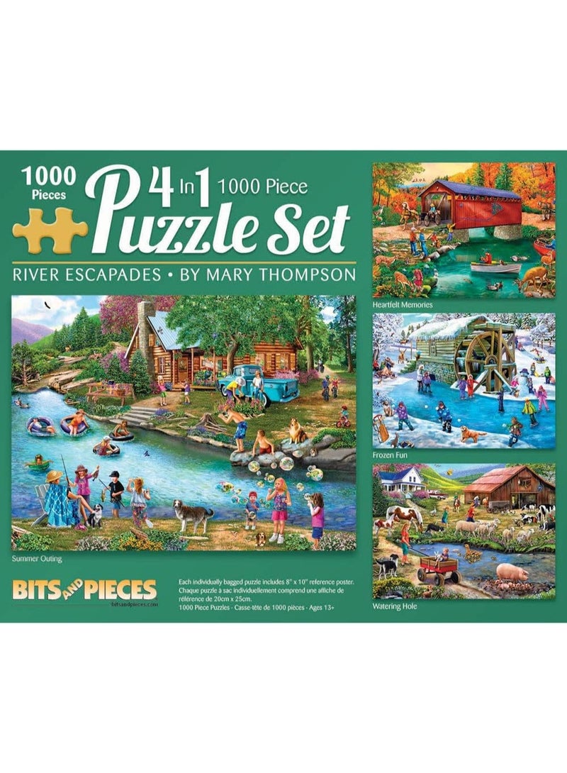 Bits and Pieces â€“ 4-in-1 Multi-Pack 1000 Piece Jigsaw Puzzles for Adults â€“ River Escapades Jigsaw Puzzle Set Bundle by Artist Mary Thompson, Completed Puzzle Size: 20" x 27" - Image 1