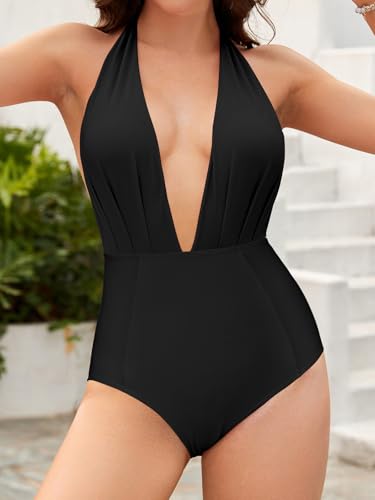 SHEKINI Women's Retro Deep V-Neck Bathing Suit Backless High Waisted One Piece Swimsuit (Black, Medium) - Image 2