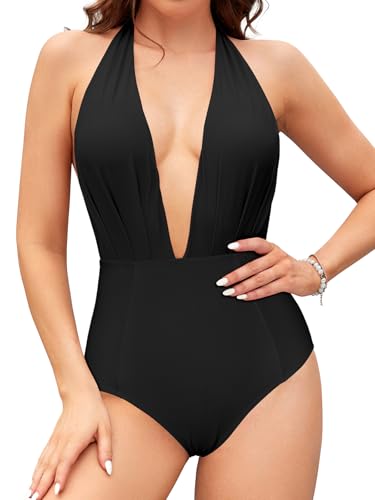 SHEKINI Women's Retro Deep V-Neck Bathing Suit Backless High Waisted One Piece Swimsuit (Black, Medium) - Image 1