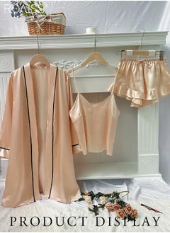 roaiss 3 Piece Ice Silk Satin Pajama Set Women'S Daily Suspender Shorts And Long Sleeve Robe Set Home Wear  - Image 2