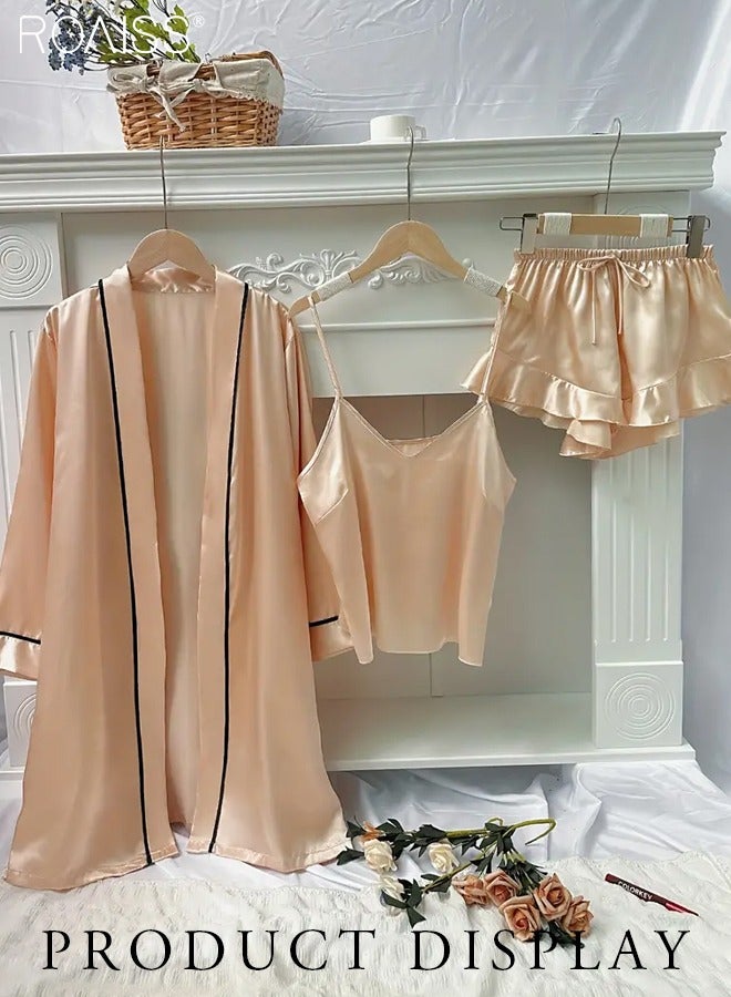 roaiss 3 Piece Ice Silk Satin Pajama Set Women'S Daily Suspender Shorts And Long Sleeve Robe Set Home Wear  - Image 2