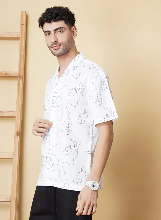 The Indian Garage Co Men Slim Fit Abstract Printed Half Sleeves Cuban Collar Party Wear Shirt