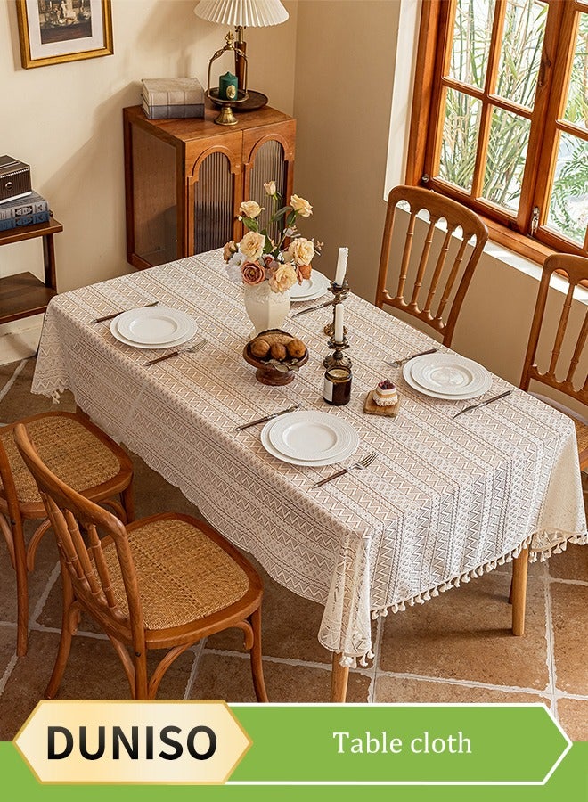 DUNISO White Embroidered Crochet Hole Tablecloth with Tassels, Boho Stripe Geometric Tablecloth for Party Birthday Dinning Table Cloth, Rectangular 140*180cm - Image 1