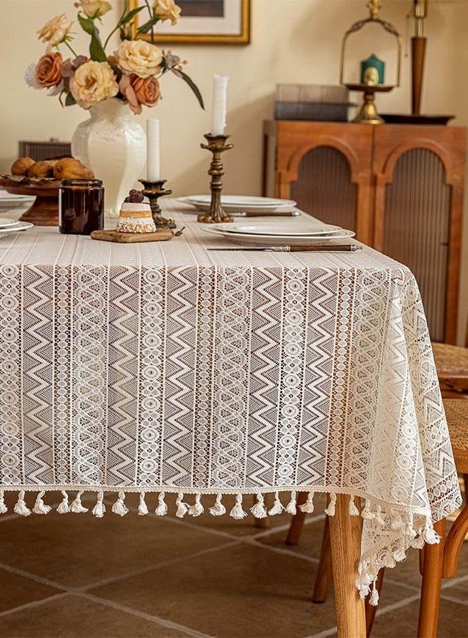 DUNISO White Embroidered Crochet Hole Tablecloth with Tassels, Boho Stripe Geometric Tablecloth for Party Birthday Dinning Table Cloth, Rectangular 140*180cm - Image 3