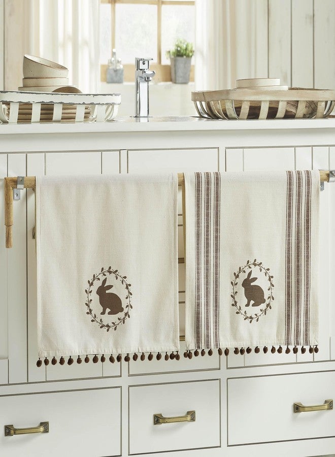 VHC Brands Spring In Bloom Brown Bunny Wreath w/ Pom Pom Kitchen Towel Set of 2, 16x28, Perfect for Kitchen or Bathroom, Spring and Easter Decor - Image 1