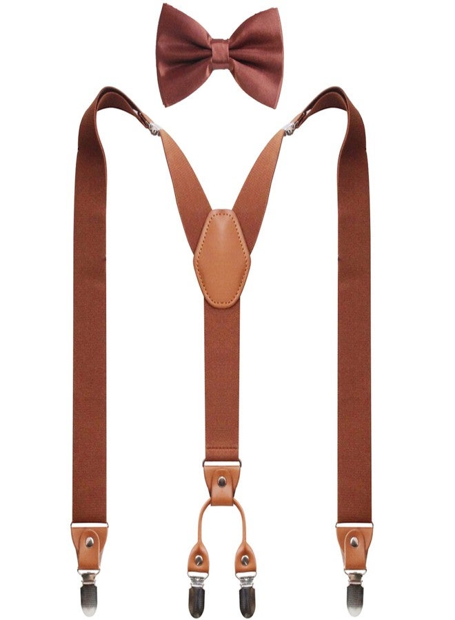 GUCHOL Suspenders Bow Tie for Mens and Women Heavy Duty Elastic Wide Suspenders Strong 4 Metal Clips Adjustable, Brown, L - Image 1