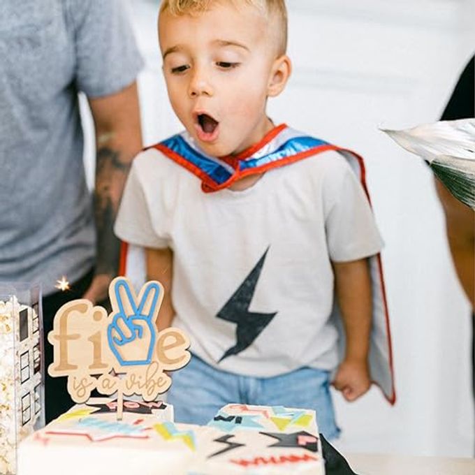 VANGNING Five is a Vibe Cake Topper Wood 5th Birthday Decor, Retro, Peace Hand, Groovy - Image 3