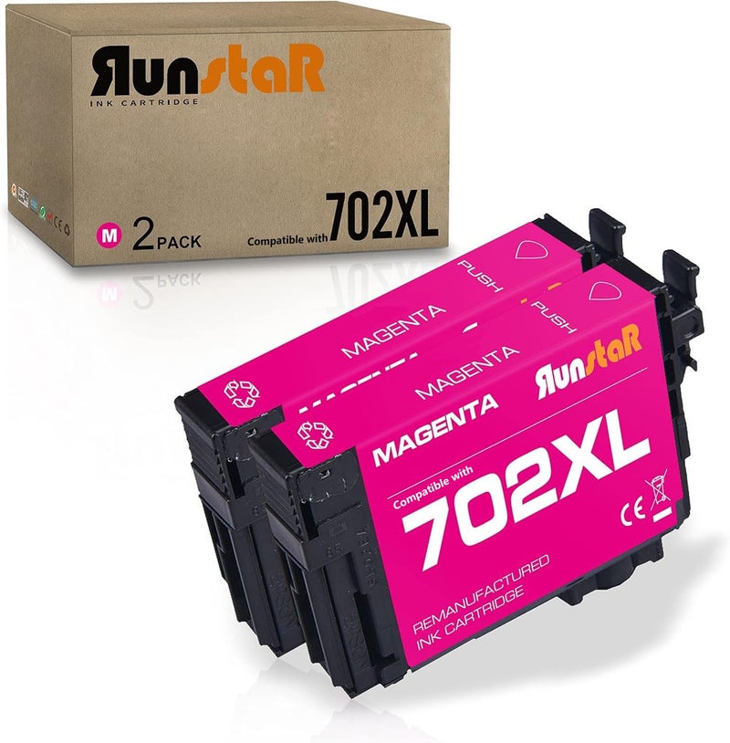 Run Star 2 Packs Remanufactured for 702XL T702XL Magenta Ink Cartridge Replacement for Epson 702XL T702XL use for Epson Workforce Pro WF-3720 WF-3730 WF-3733 Printer (2 Magenta) - Image 1