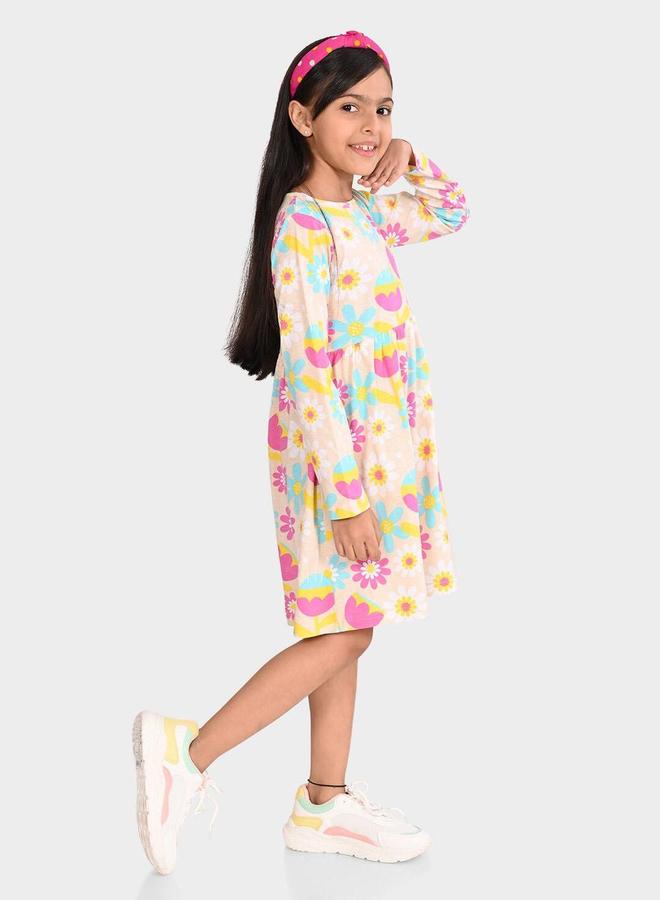 Bonkids Girl's Peach & Multicolour 100% Cotton Printed Regular Fit Dress - Image 3
