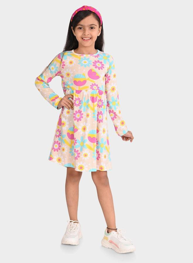 Bonkids Girl's Peach & Multicolour 100% Cotton Printed Regular Fit Dress - Image 1