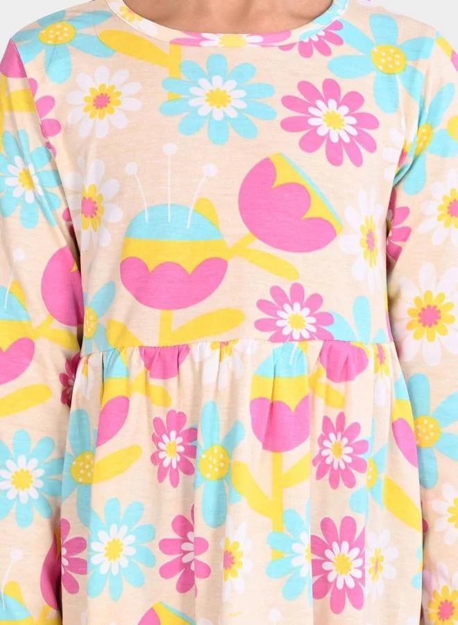 Bonkids Girl's Peach & Multicolour 100% Cotton Printed Regular Fit Dress
