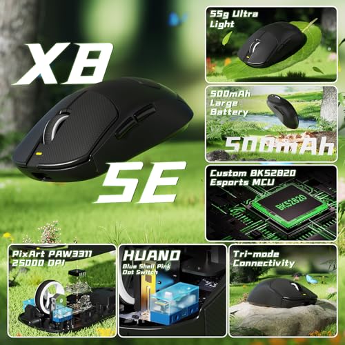 MAMBASNAKE Attack Shark X8 SE 55g Superlight Wireless Gaming Mouse,BK52820 Tri-Mode BT/2.4G Wireless/Wired Mouse with Grip Tape,25000DPI,500mAh,Large Size,5 Programmable Buttons for Pc/Mac(Black PRO) - Image 2