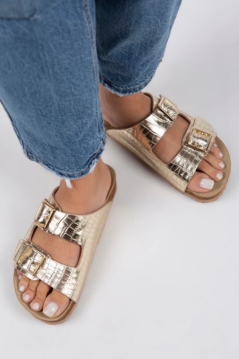 Manijero Manijero Croco Women's Genuine Leather Double Buckle Crocodile Gold Slippers