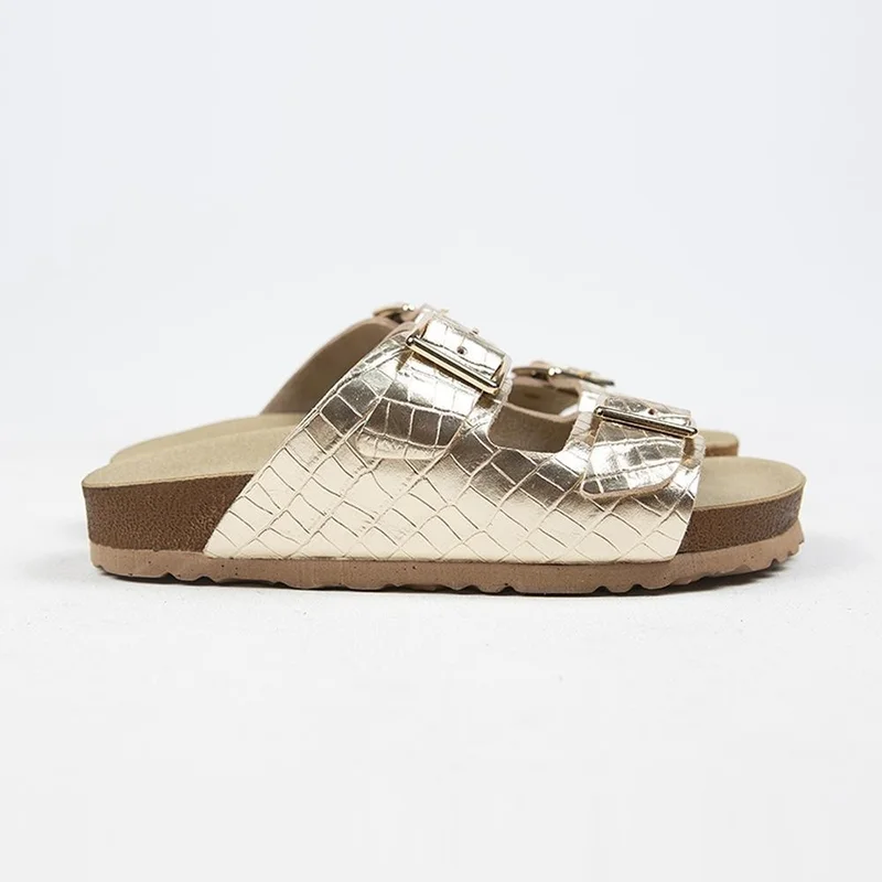 Manijero Manijero Croco Women's Genuine Leather Double Buckle Crocodile Gold Slippers