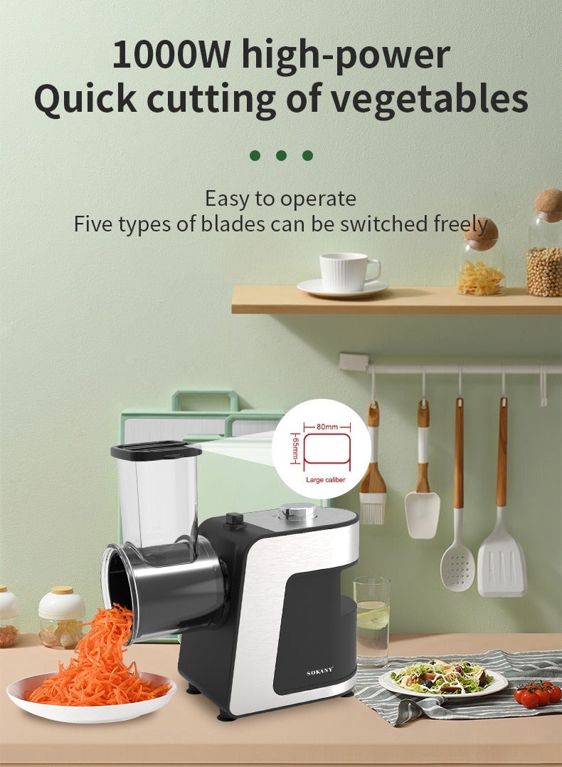 sokany Electric Cheese Grater, 1000W Electric Slicer Chopper, Multi Grater, Fruit Cutter, Vegetable Slicer, Shredder, Food Processor with 5 Blades Set SK-1180 Black - Image 2